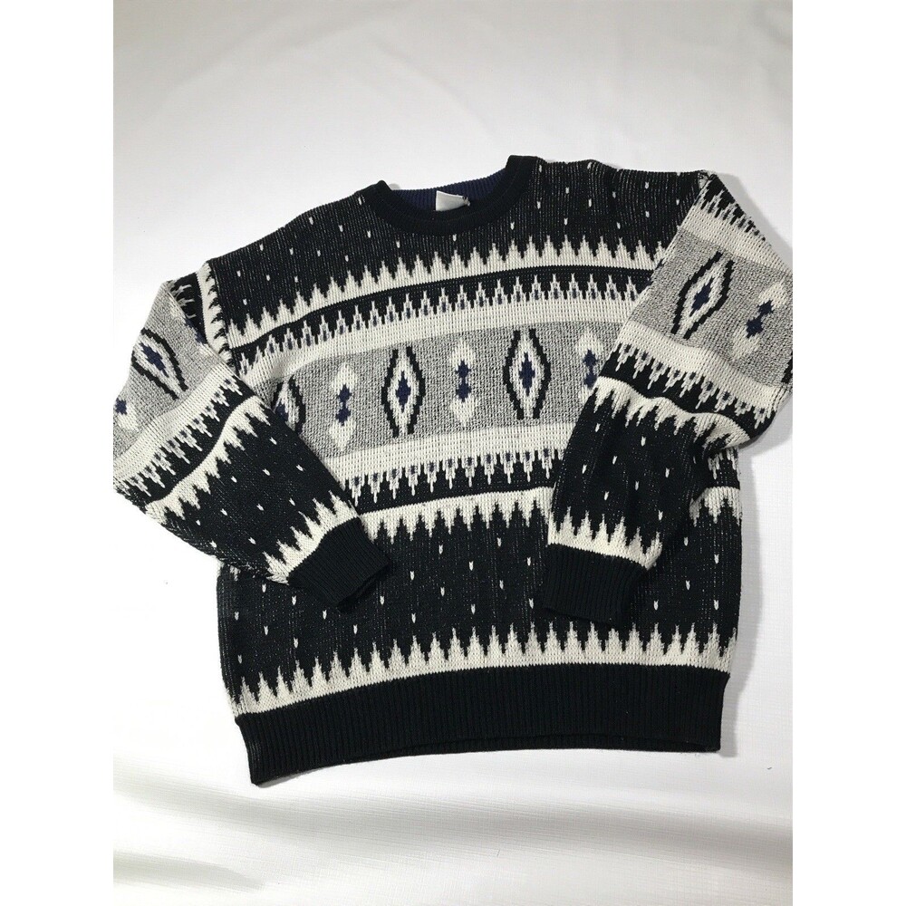 Vintage 90s Ash Creek Aztec Print Crewneck Sweater Black Grey Boho Size L